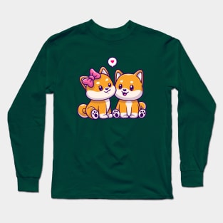 Cute Couple Shiba Inu Dog Sitting Cartoon Long Sleeve T-Shirt